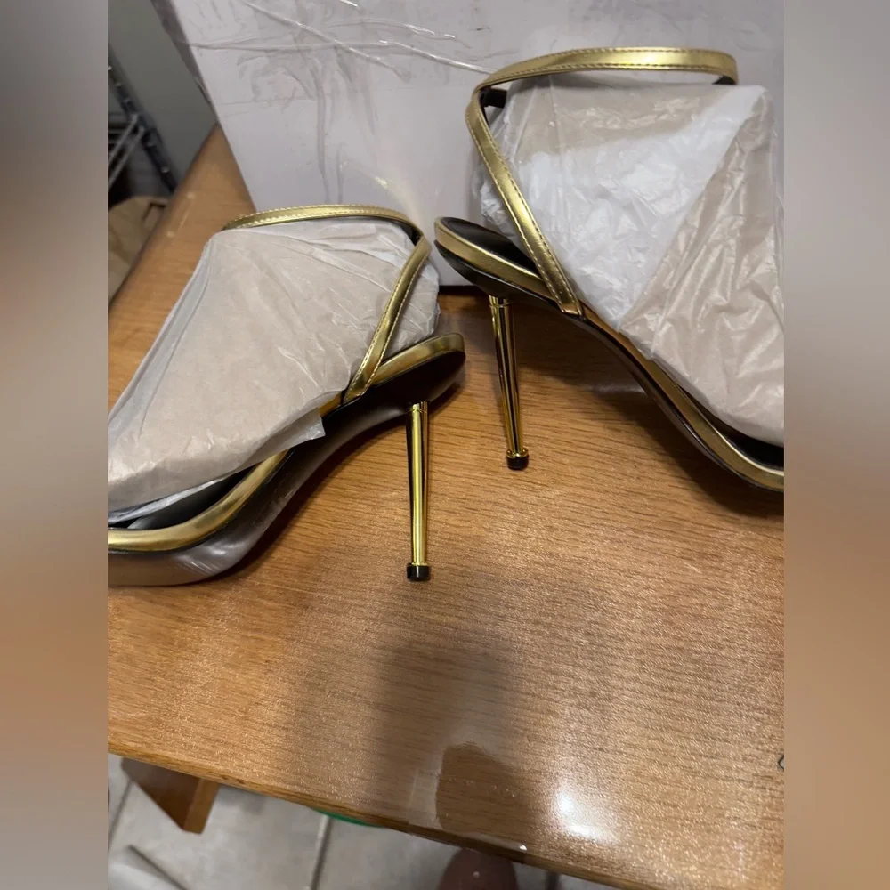 Nine West Women's Gold Reina Ankle Strap High Stiletto Heel Sandals sz 10 New!